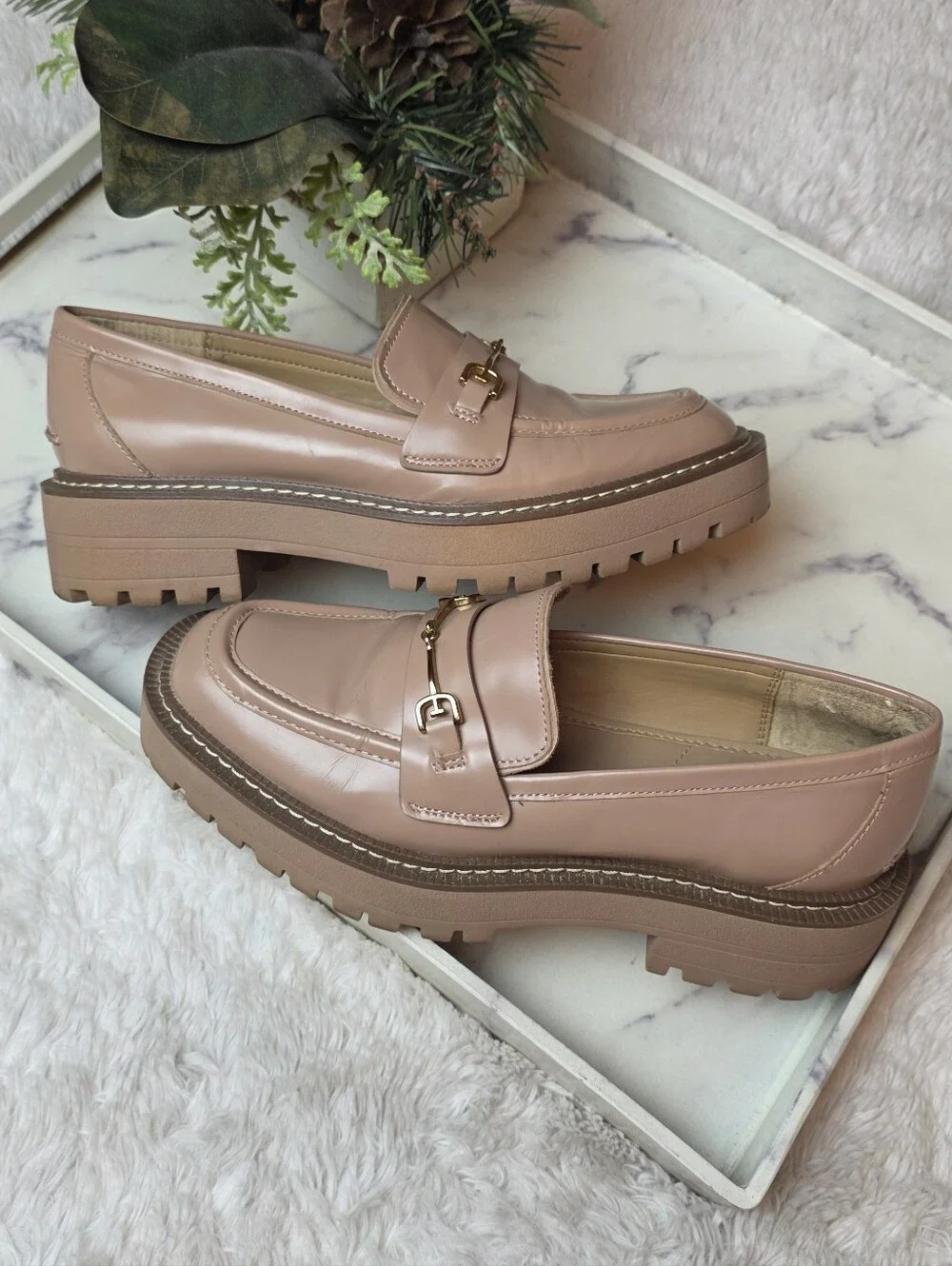 SAM EDELMAN Laurs Lug Sole Loafer In Tan Horsebit Chunky Preppy Academia Size 8